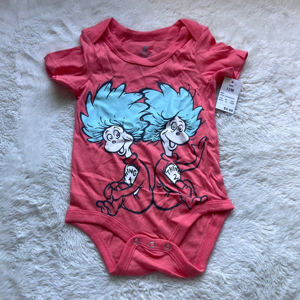 Dr Seuss Thing 1 Thing 2 Coral Pink Baby Bodysuit Size 12M IF6552DSJ1269 NWT